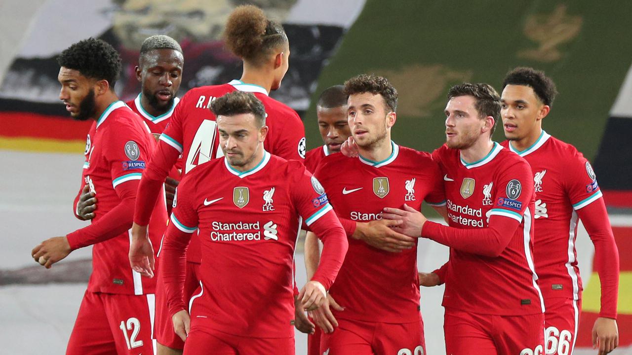 Pemain Liverpool merayakan gol yang dicetak Diogo Jota ke gawang Midtjylland pada laga Liga Champions 2020/2021 di Stadion Anfield, Rabu (28/10/2020) dini hari WIB. Liverpool menang 2-0 atas Midtjylland.